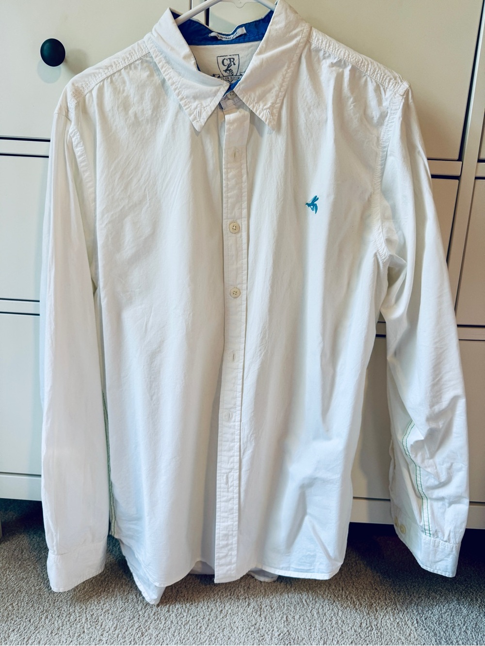Club Room White Long-Sleeve Button-Down Shirt with Teal Embroidered Logo